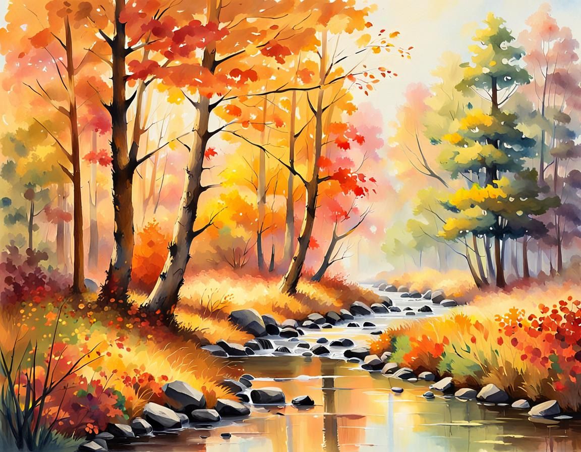 Autumnal Forest Stream with Rainbow in Watercolor Style