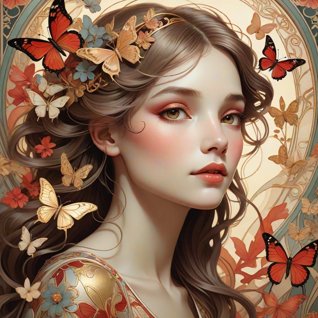 Woman's Face in Whimsical Art Nouveau Style with Floral Patt...