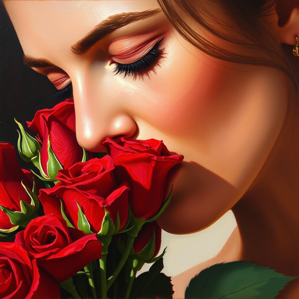 Surreal Close-Up of Woman in Serene Moment with Roses