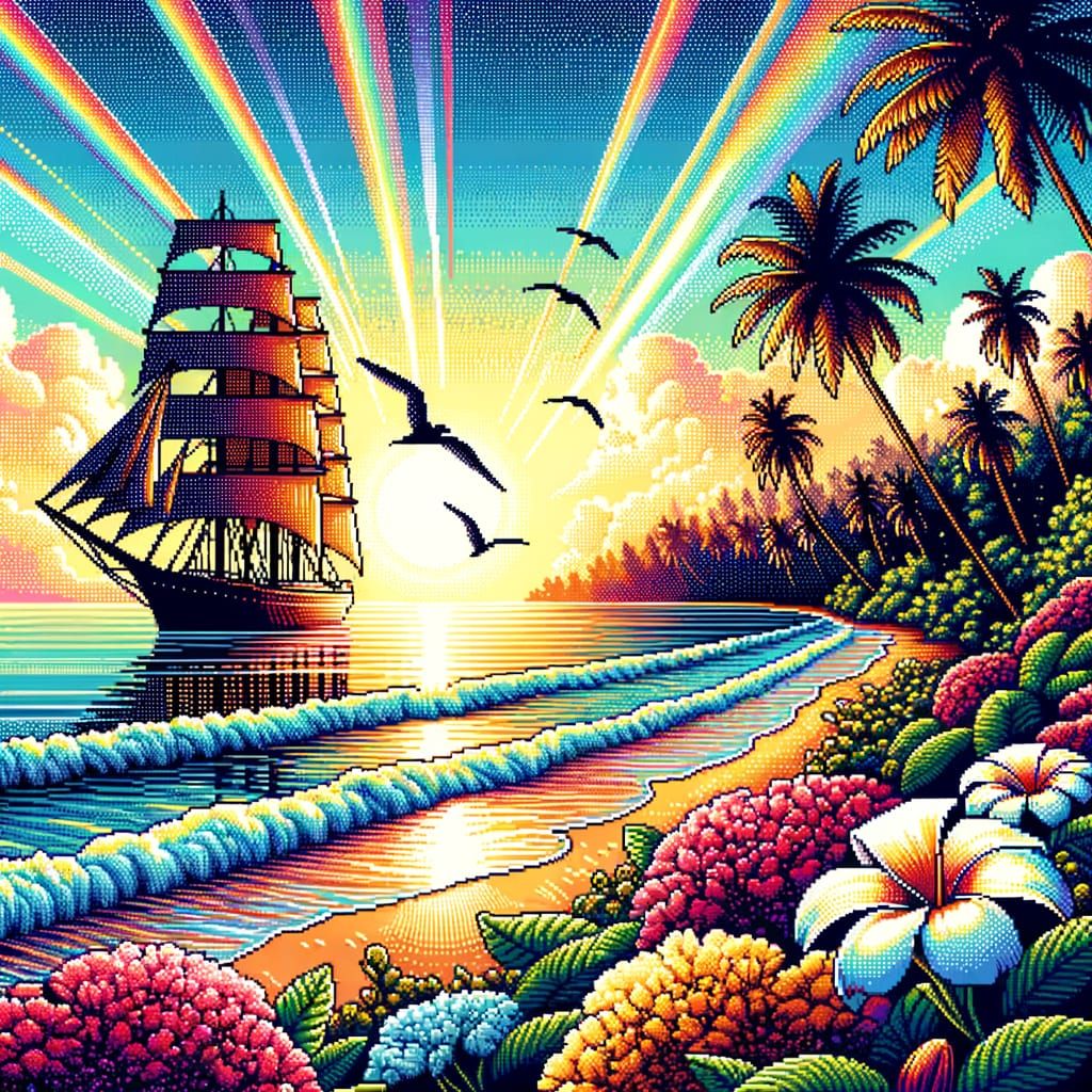Tropical Sunrise Beach in Micro Dot-Art Style