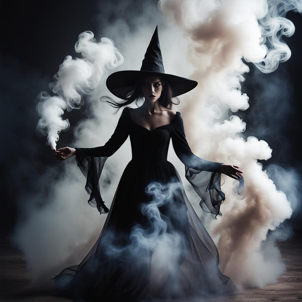 Ethereal Witch in Smoke: Flowing Silhouettes