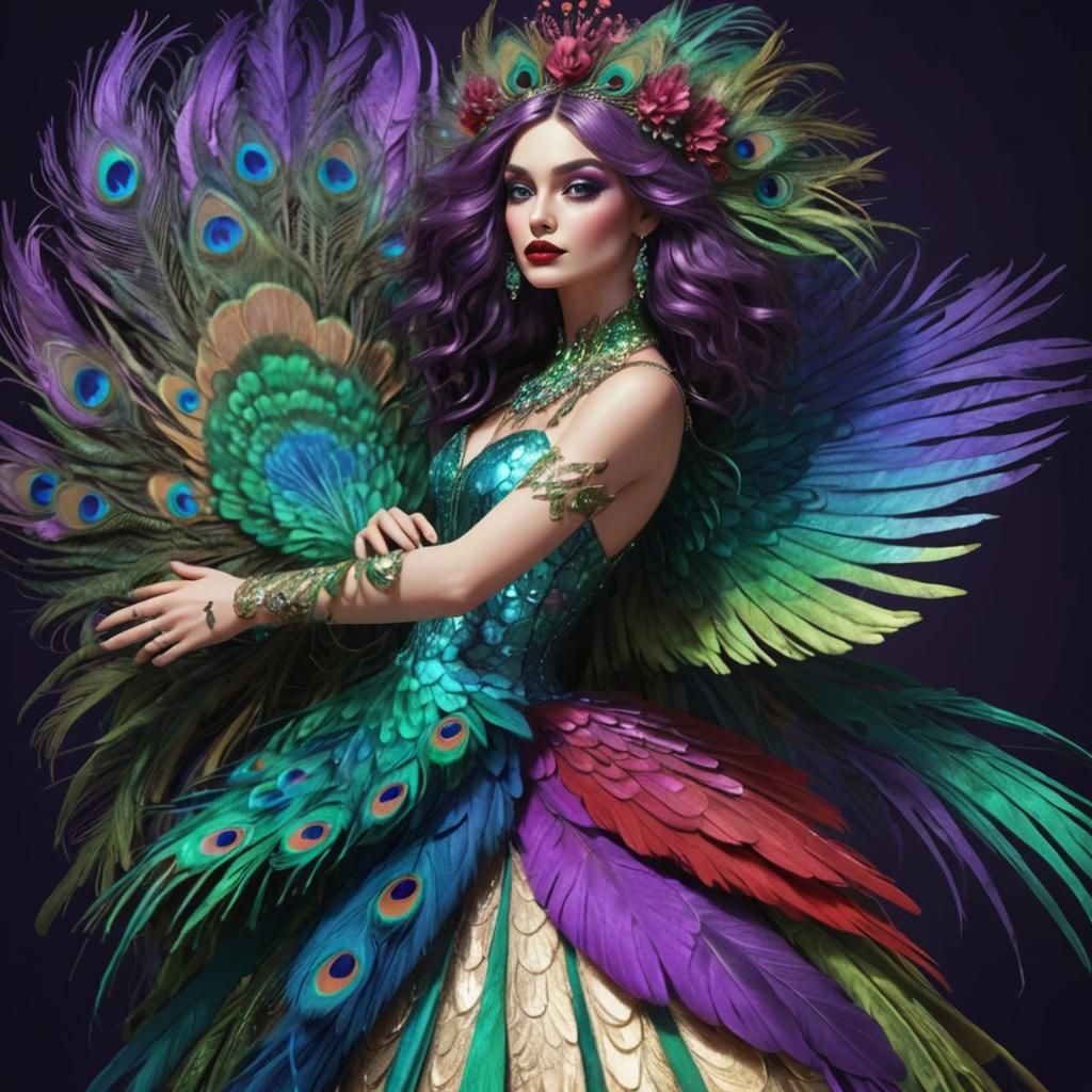 Peacock Haired Woman in Hyper-Realistic 3D Art