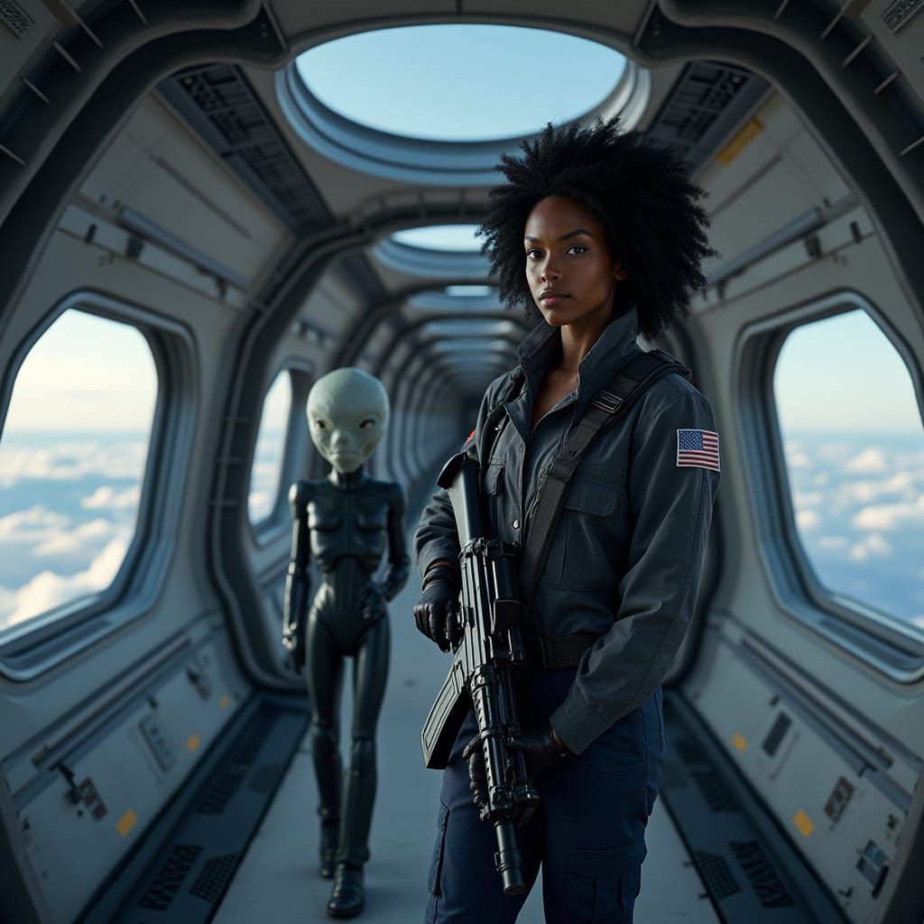 Woman and Alien in Starship Corridor