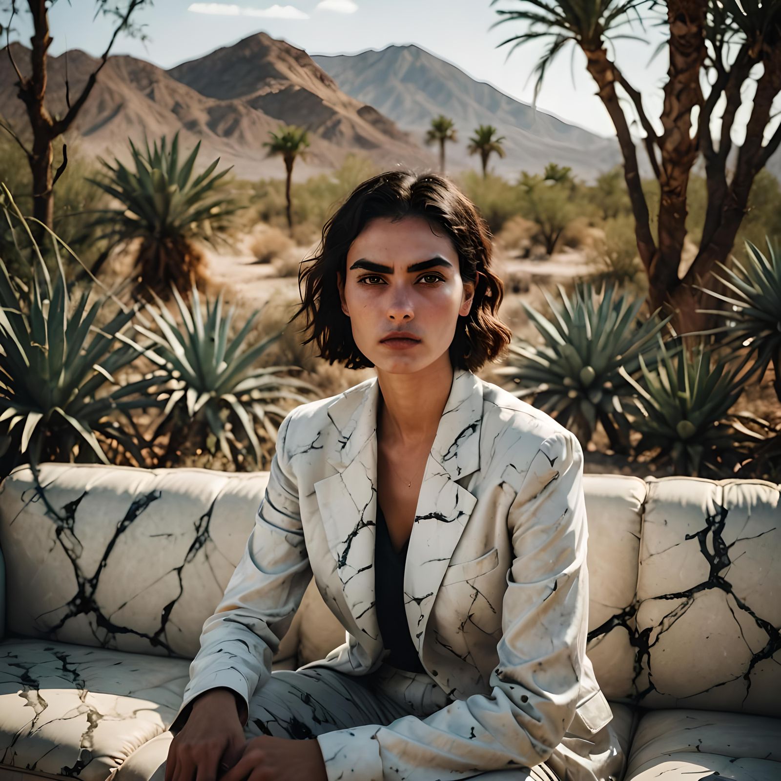 Woman in Marble Desert with Lush Plantlife