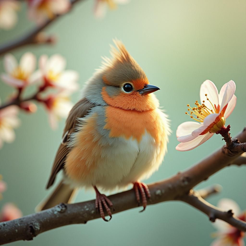 Fluffy Bird in Apple Tree, Watercolor Style