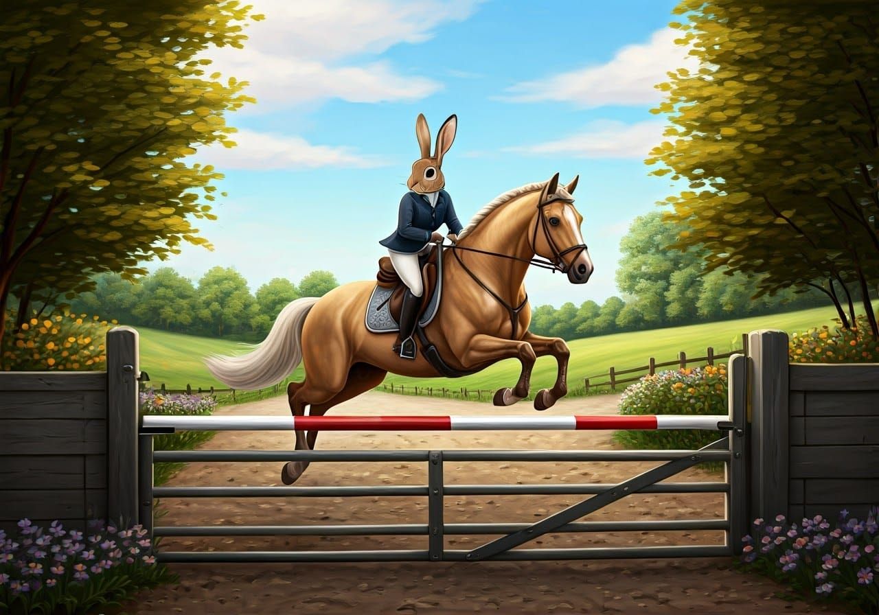 Whimsical Rabbit Steeplechase in Serene Countryside