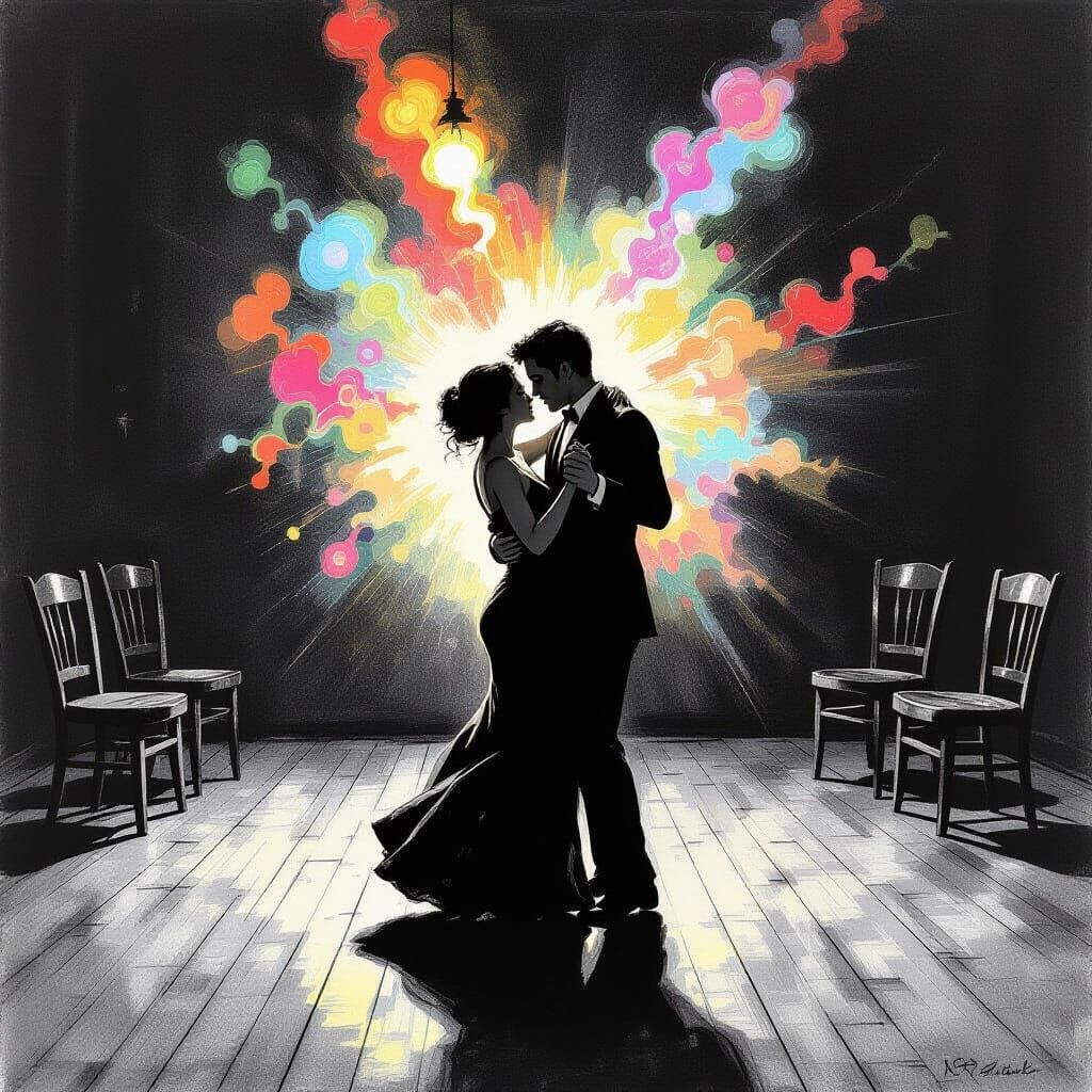 Couple Dancing in Psychedelic Light - Charcoal Style