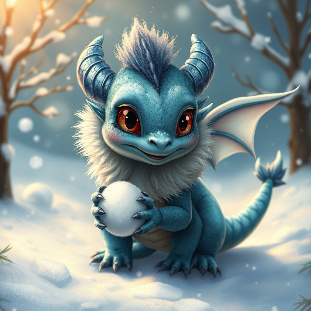Baby Blue Dragon Throws Snowball in Winter Wonderland
