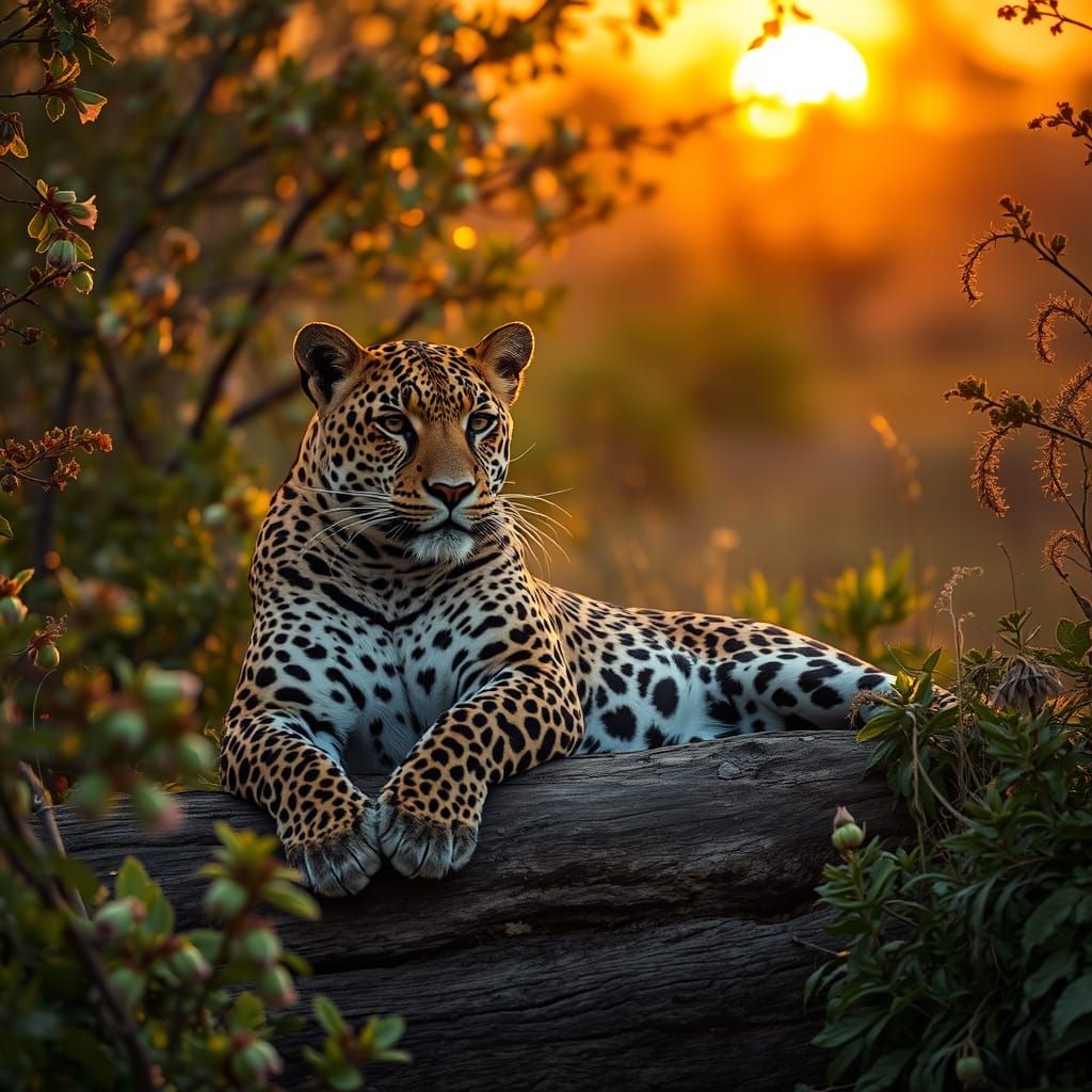 Leopard Lounging in Jungle at Sunset