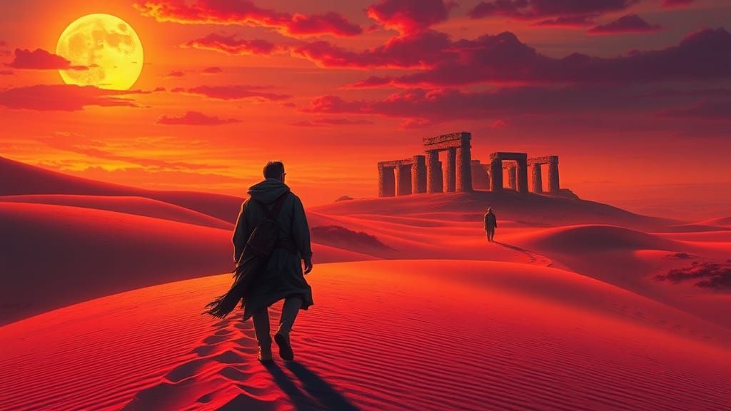 Mystical Desert Trek at Dusk in Heavy Metal Style
