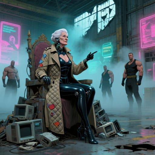 Elderly Cyberpunk Queen on Throne of Electronics
