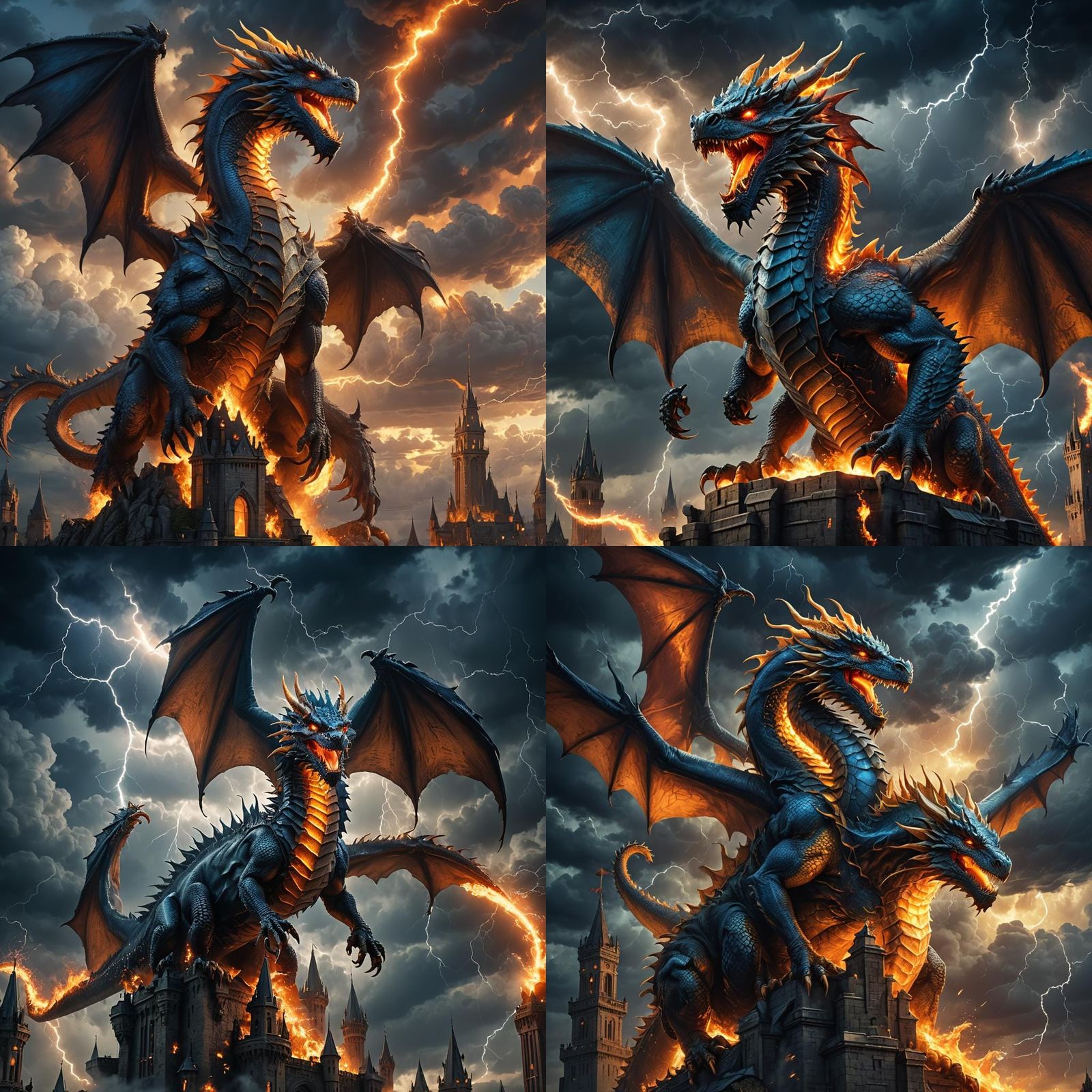 Fire Dragon on Tower in Stormy Weather