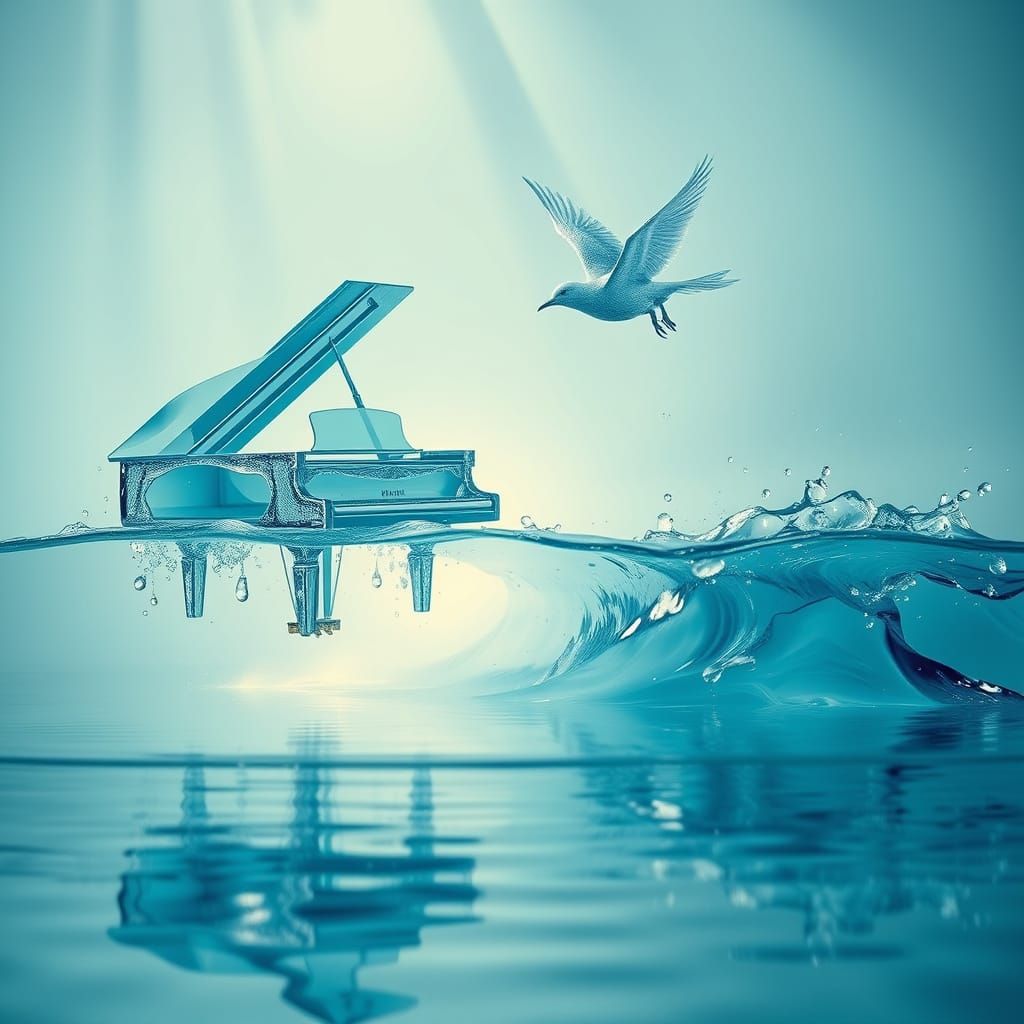 Living Water Sculptures: Piano, Bird in Aquamarine Hues