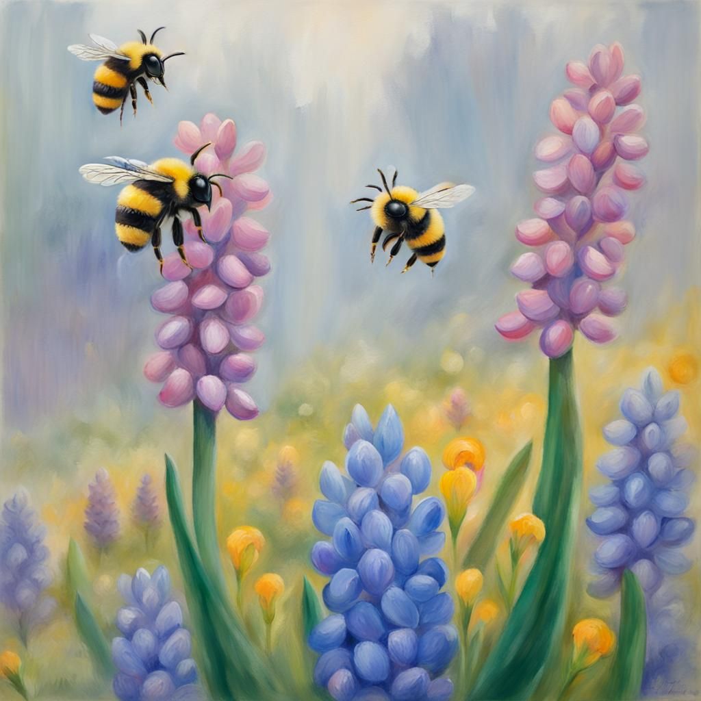 Bumblebees and Hyacinths in Impressionist Oil Pastel