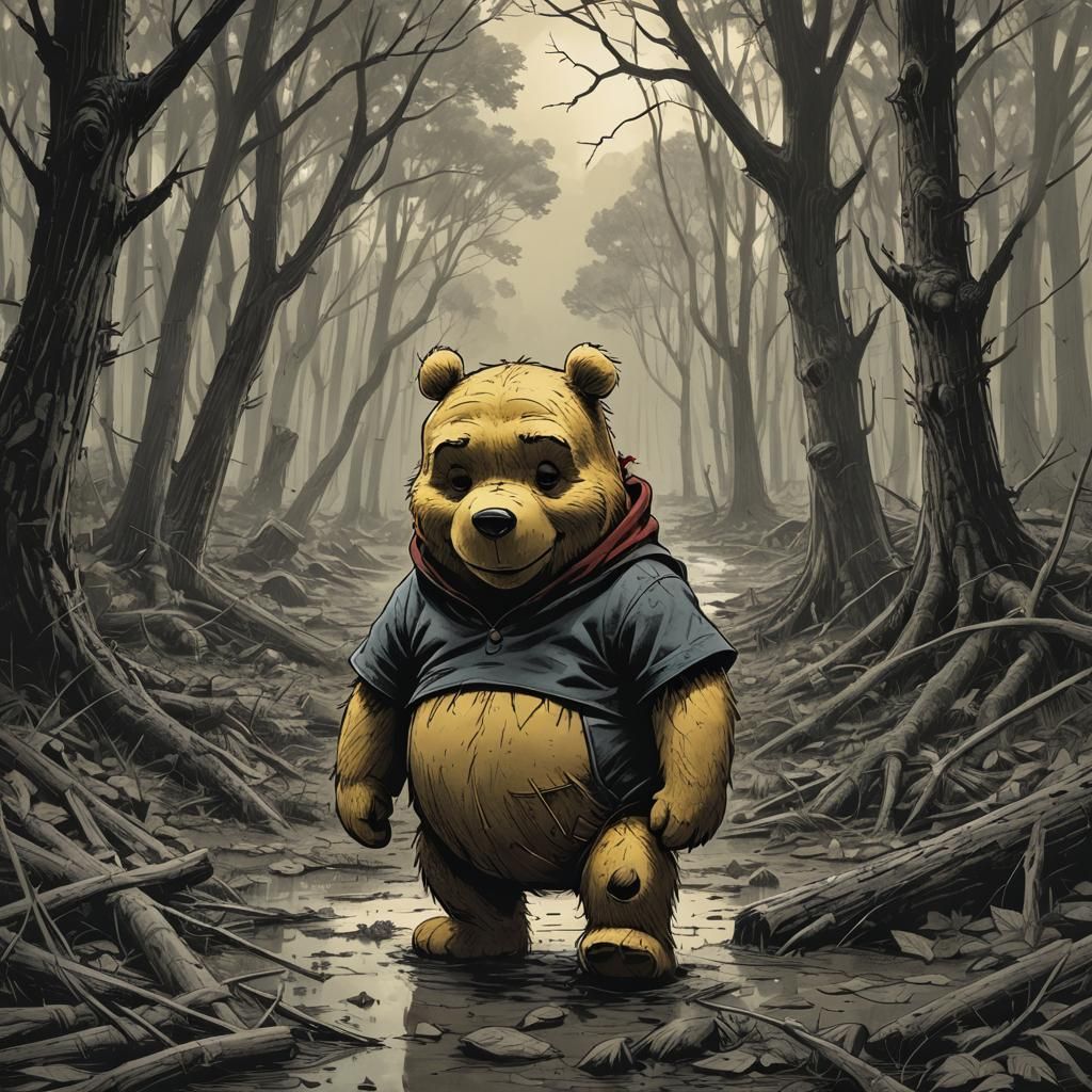 Sinister Winnie the Pooh in Dark Fantasy Style
