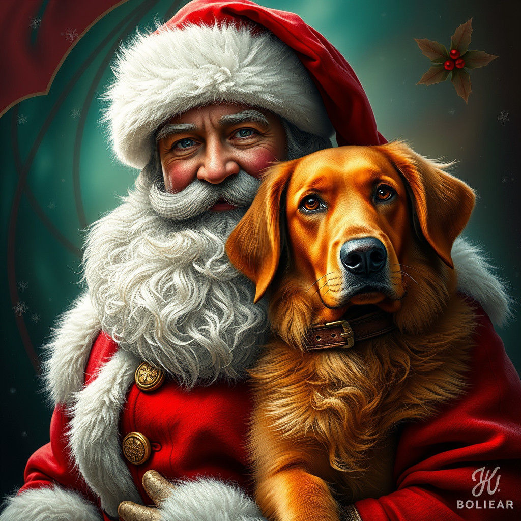 Santa Claus and Golden Retriever in Splash Art Style