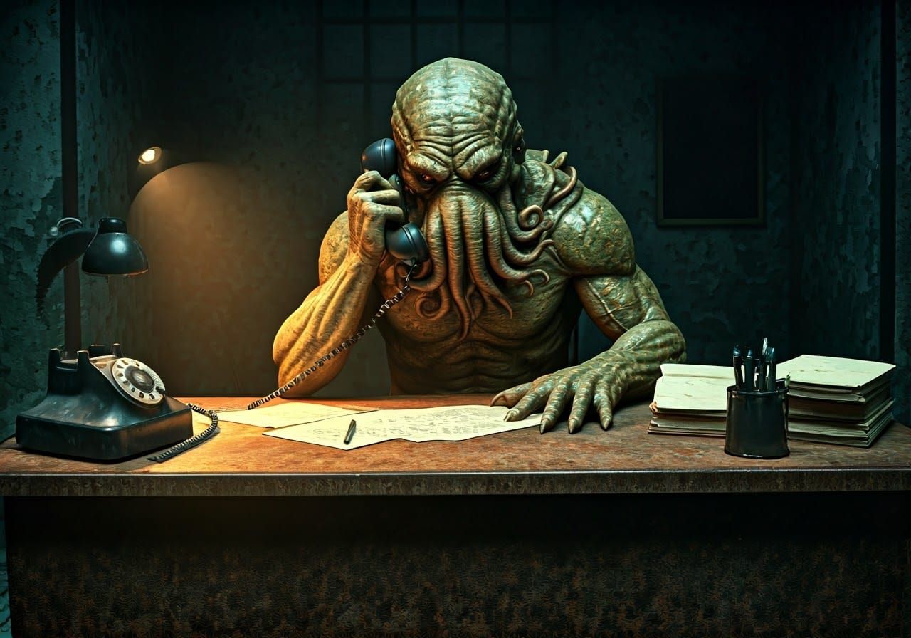 Grotesque Cthulhu Emerges from Dark, Decaying Office