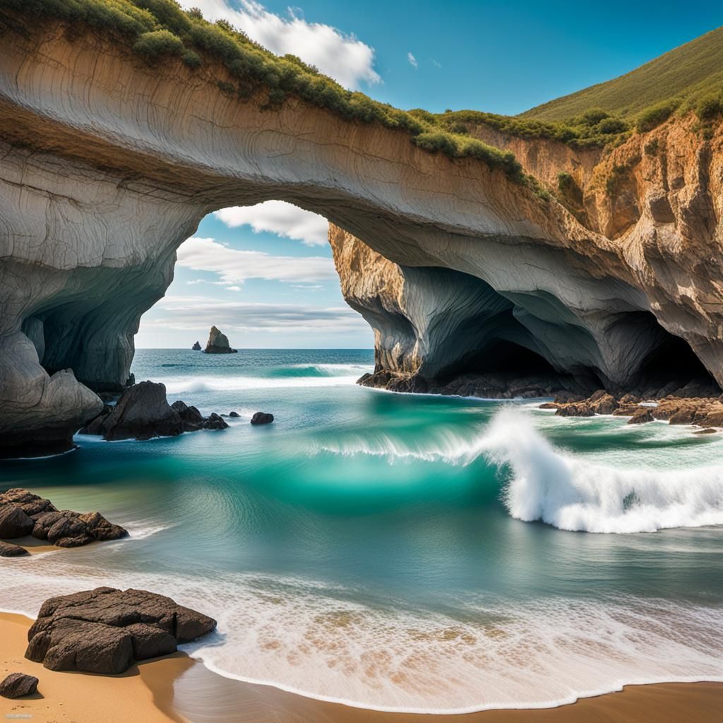 Cave Frames Beach View in Ansel Adams Style