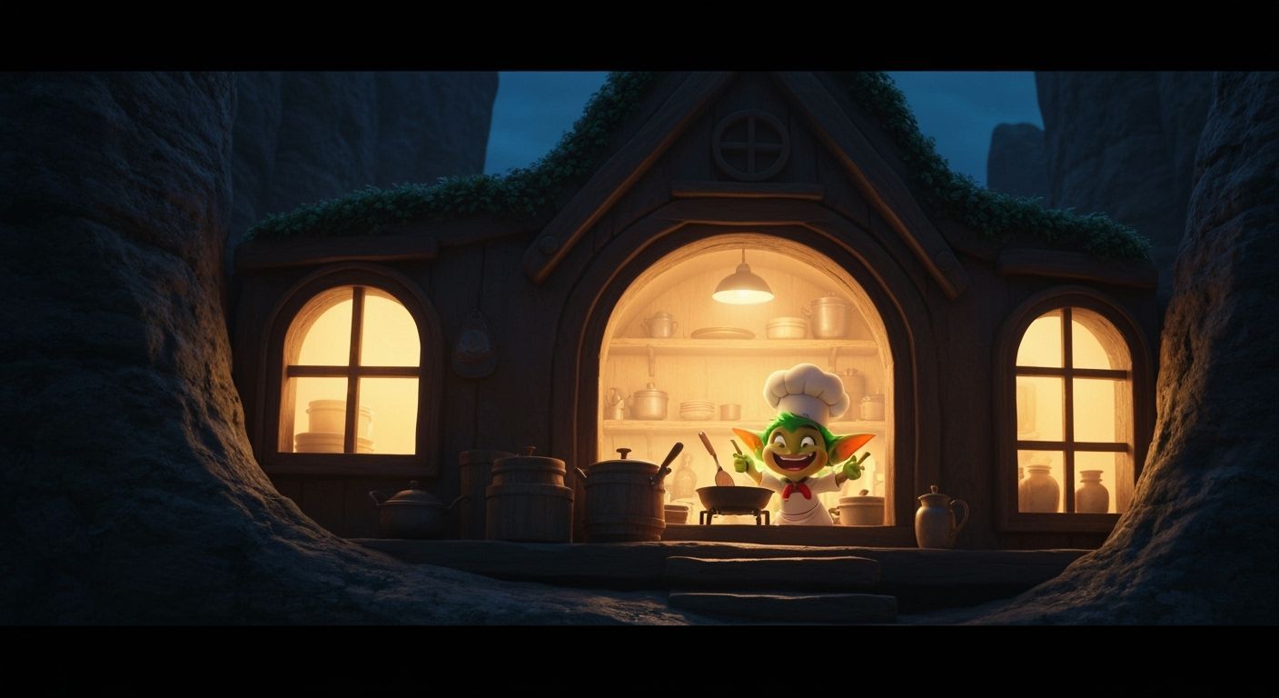 Whimsical Goblin House on Misty Cliff at Twilight