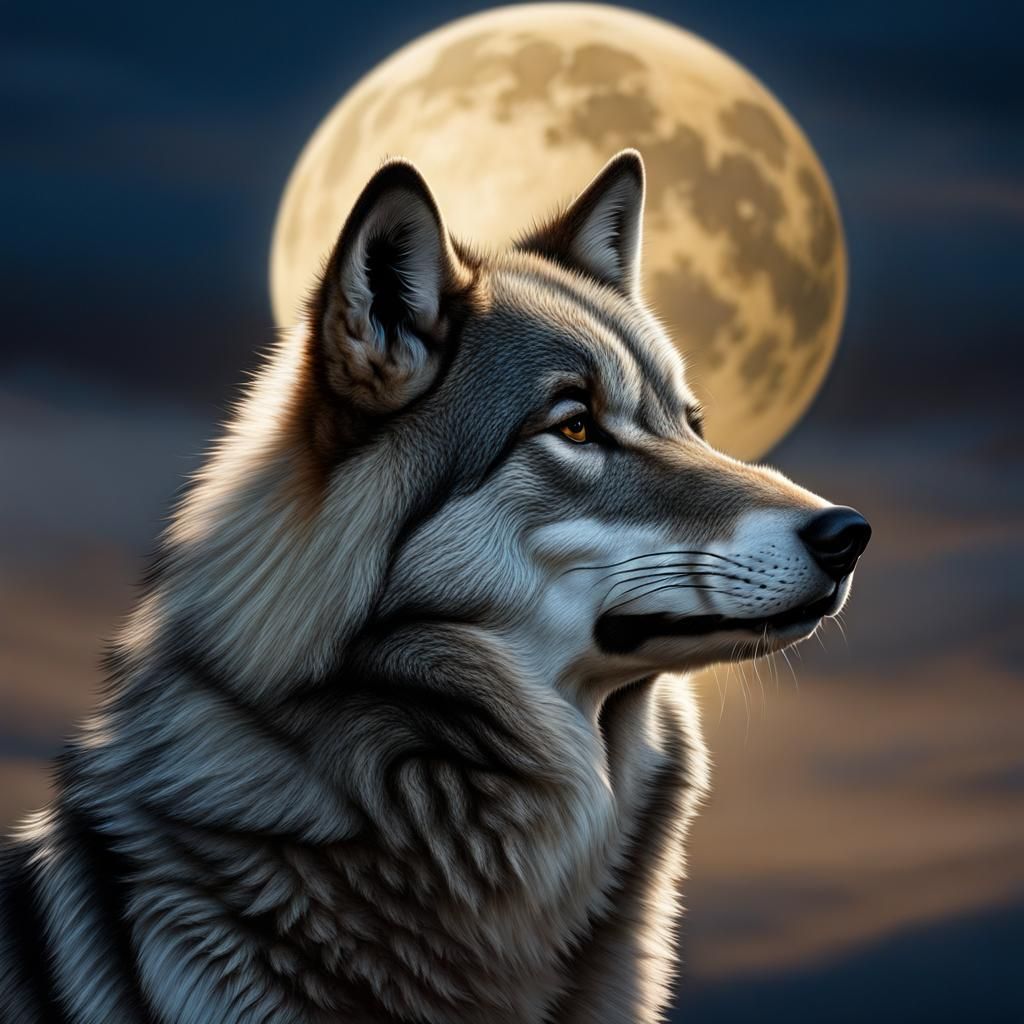 Gray Wolf Howling at a Realistic Moon