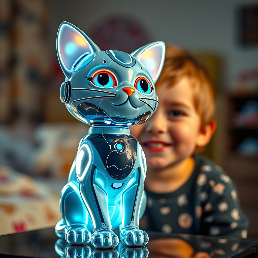 Futuristic Holographic Cat Toy in Kid's Room