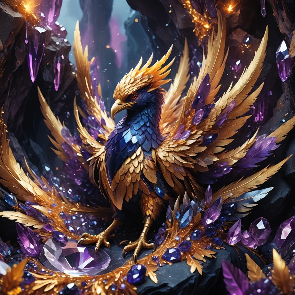 Crystal Phoenix Emerges from Crystalline Cave