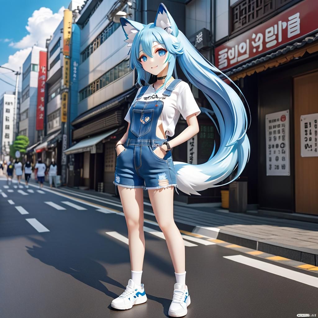 Anime Fox-Girl in Seoul, Cel-Shaded Digital Art