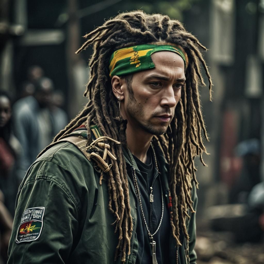 Eminem in dreadlock, rastafari atmosphere, intricate details, HDR, beautifully shot, hyperrealistic, sharp focus, 64 meg...