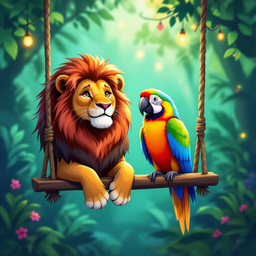 Lion and Parrot on Swing, Colorful Fantasy Illustration