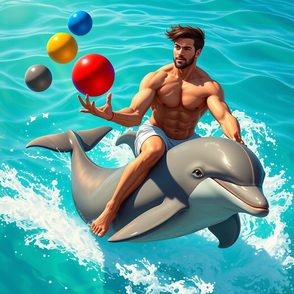 Man Juggling Balls While Riding Dolphin in Turquoise Ocean