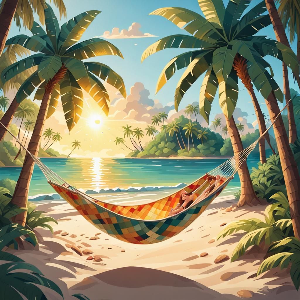 Tropical Island Beach at Golden Hour in Gouache Style