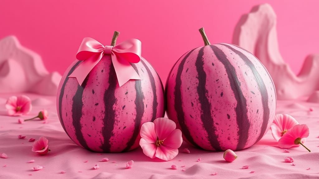 Pink Watermelons in Surreal Pop Art Landscape