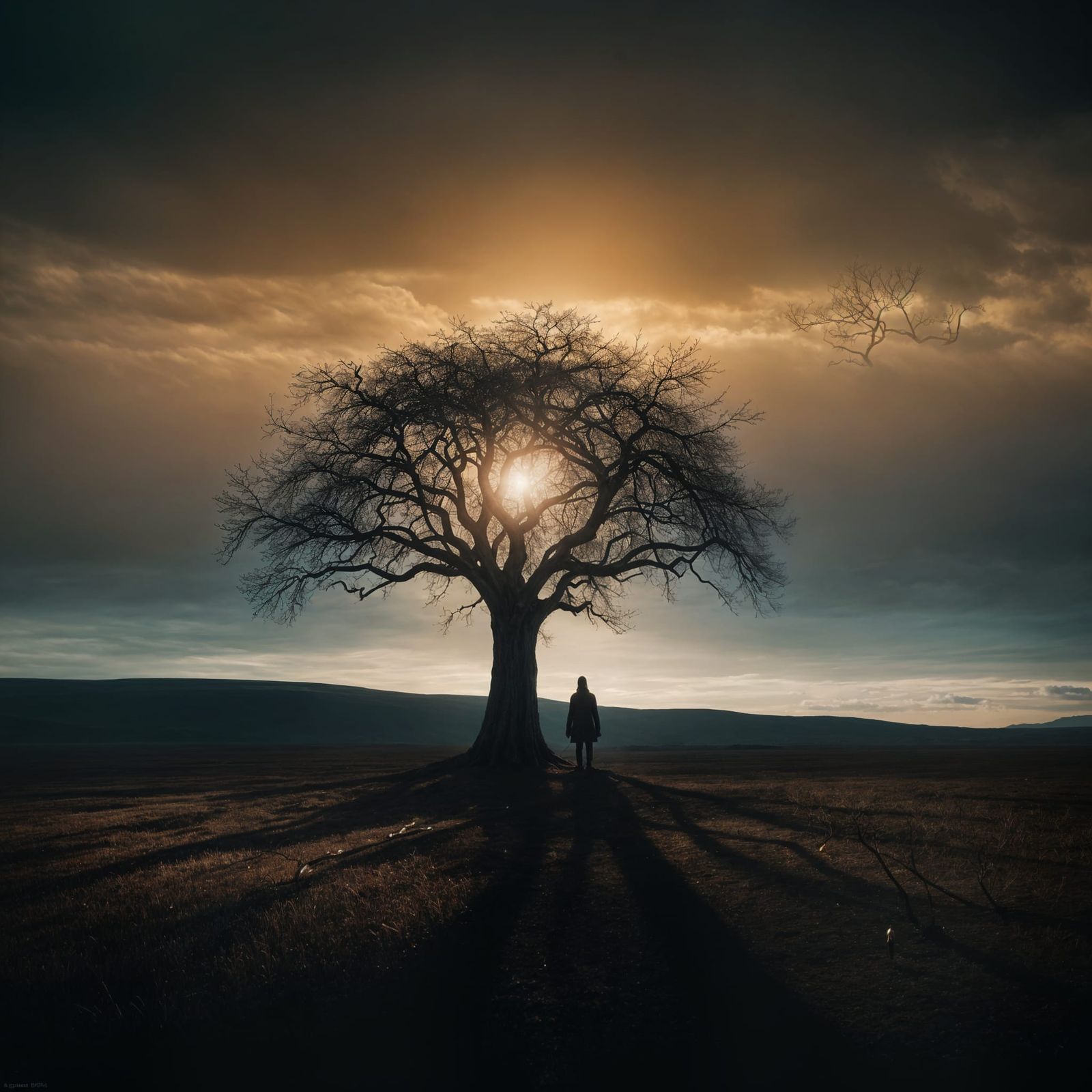 Radiant Tree in Desolate Dark Landscape