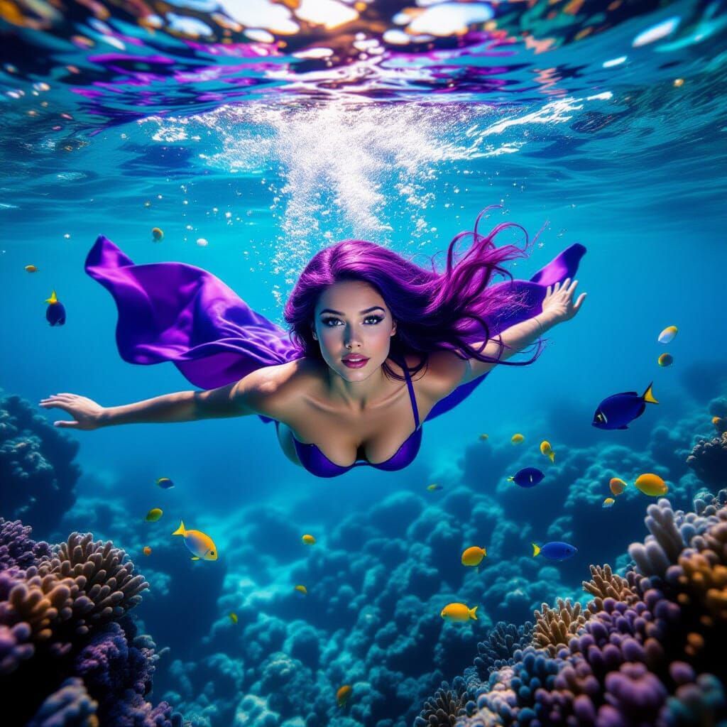 Underwater Supergirl Exploring Coral Reef in Macro Photograp...