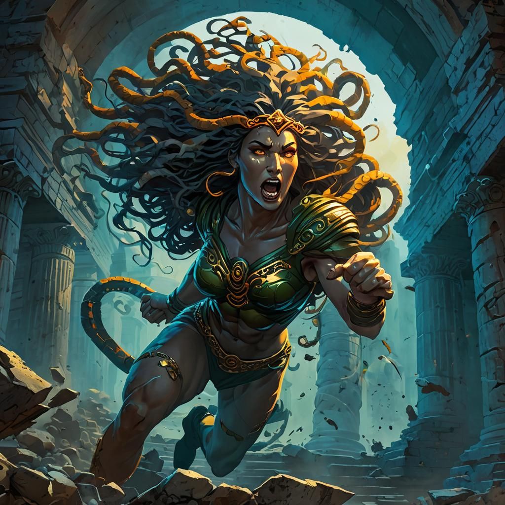 Medusa's Escape in Frank Frazetta Comic Style