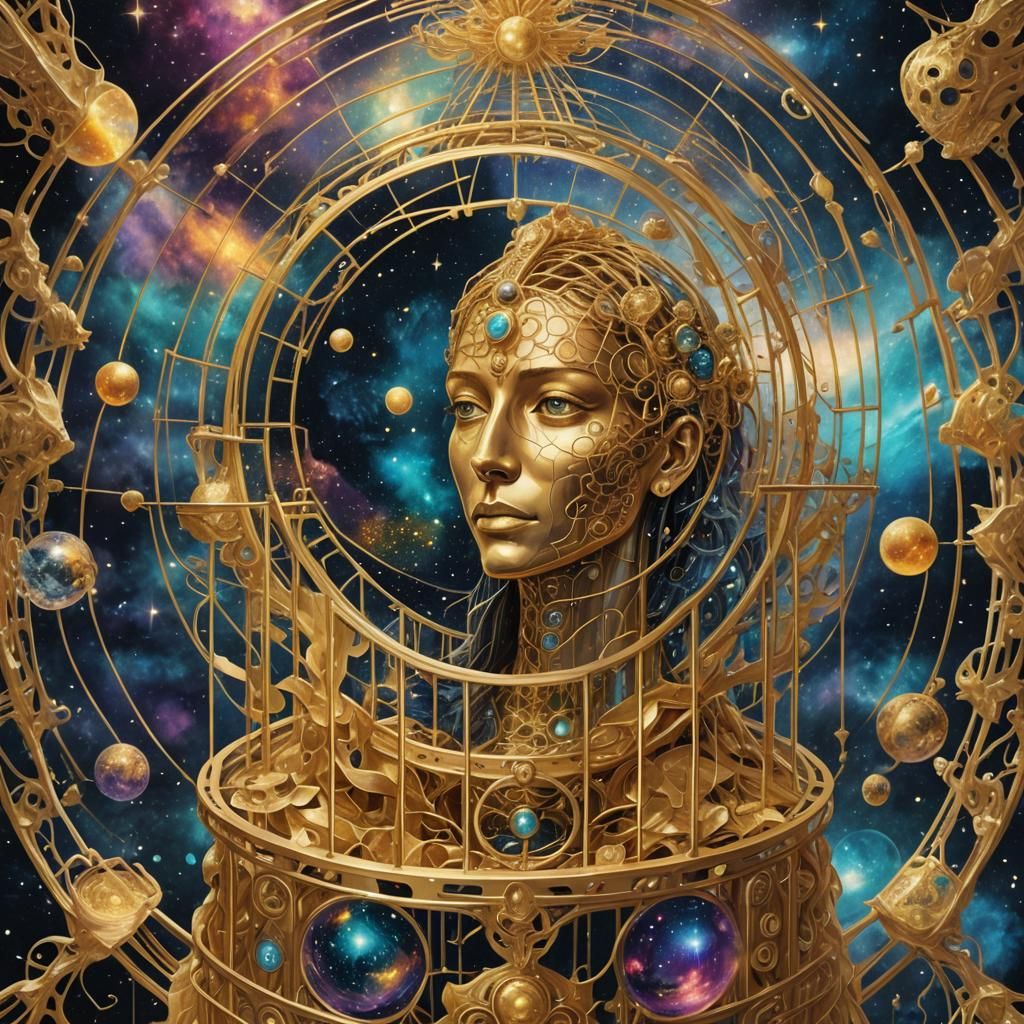 Golden Cage: Holographic Astral Cosmic Illustration