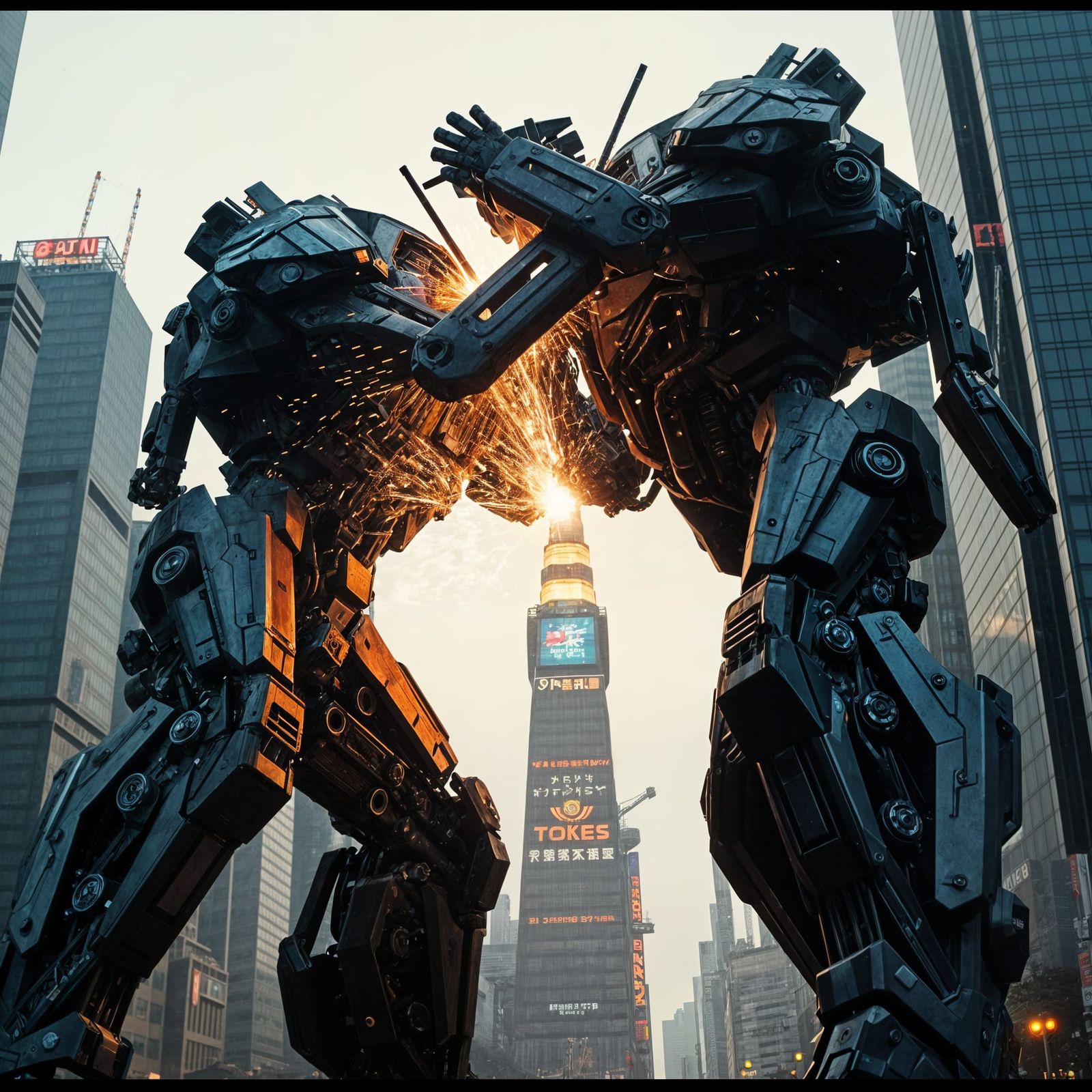 Epic Robot Battle in Tokyo: Cinematic Film Still