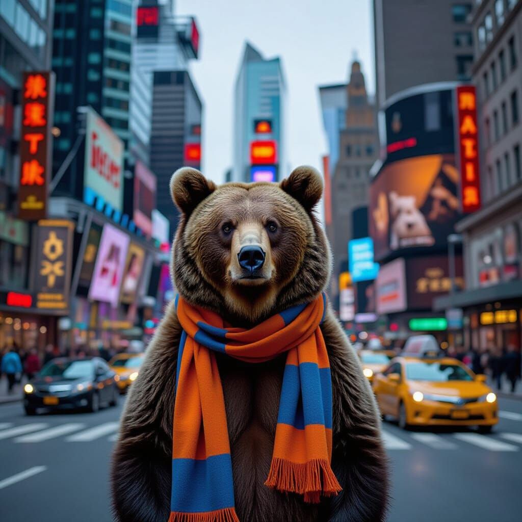 Hyperrealistic Bear in Cityscape, McCurry and Anderson Style