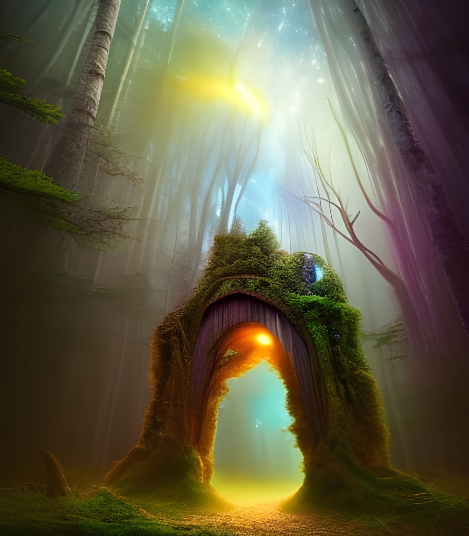 Mystical Forest Portal with Cosmic Sky