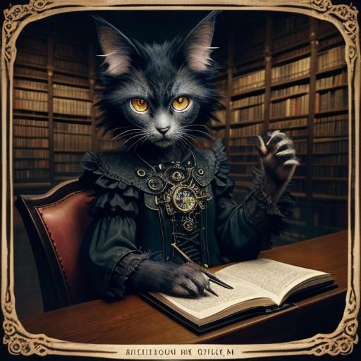 Steampunk Lykoi Cat Witch in Enchanted Library