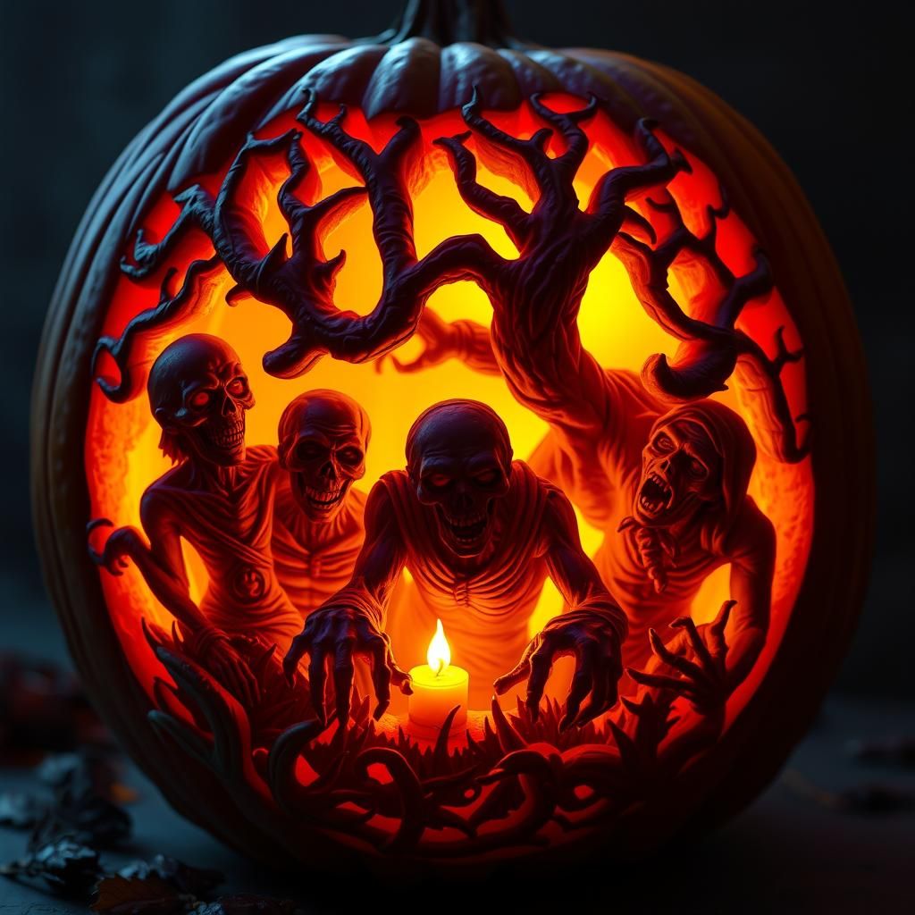 Zombie Jack-O-Lantern Carving in Alphonse Mucha Style