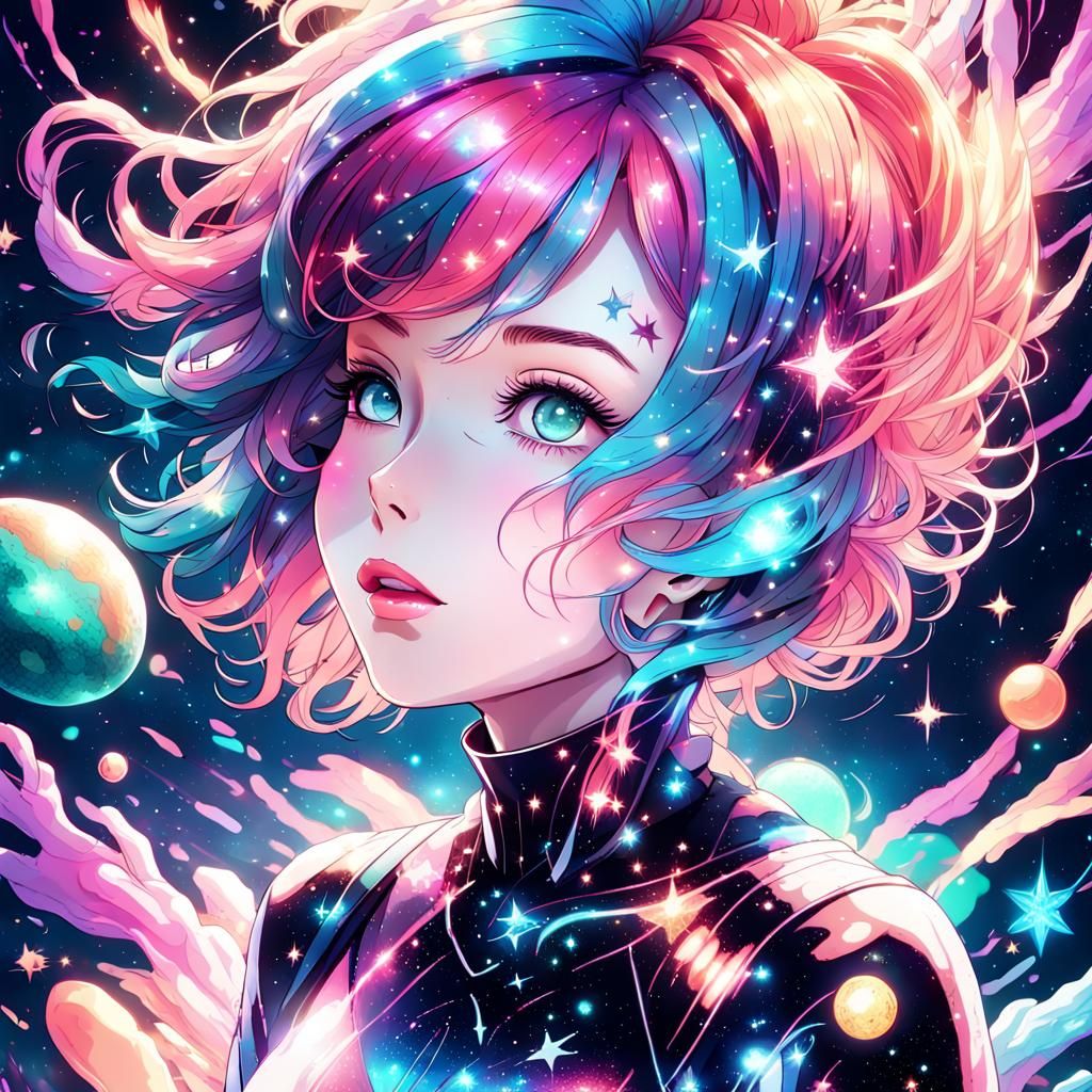 Anime Popstar Floating in Space: Digital Art Masterpiece