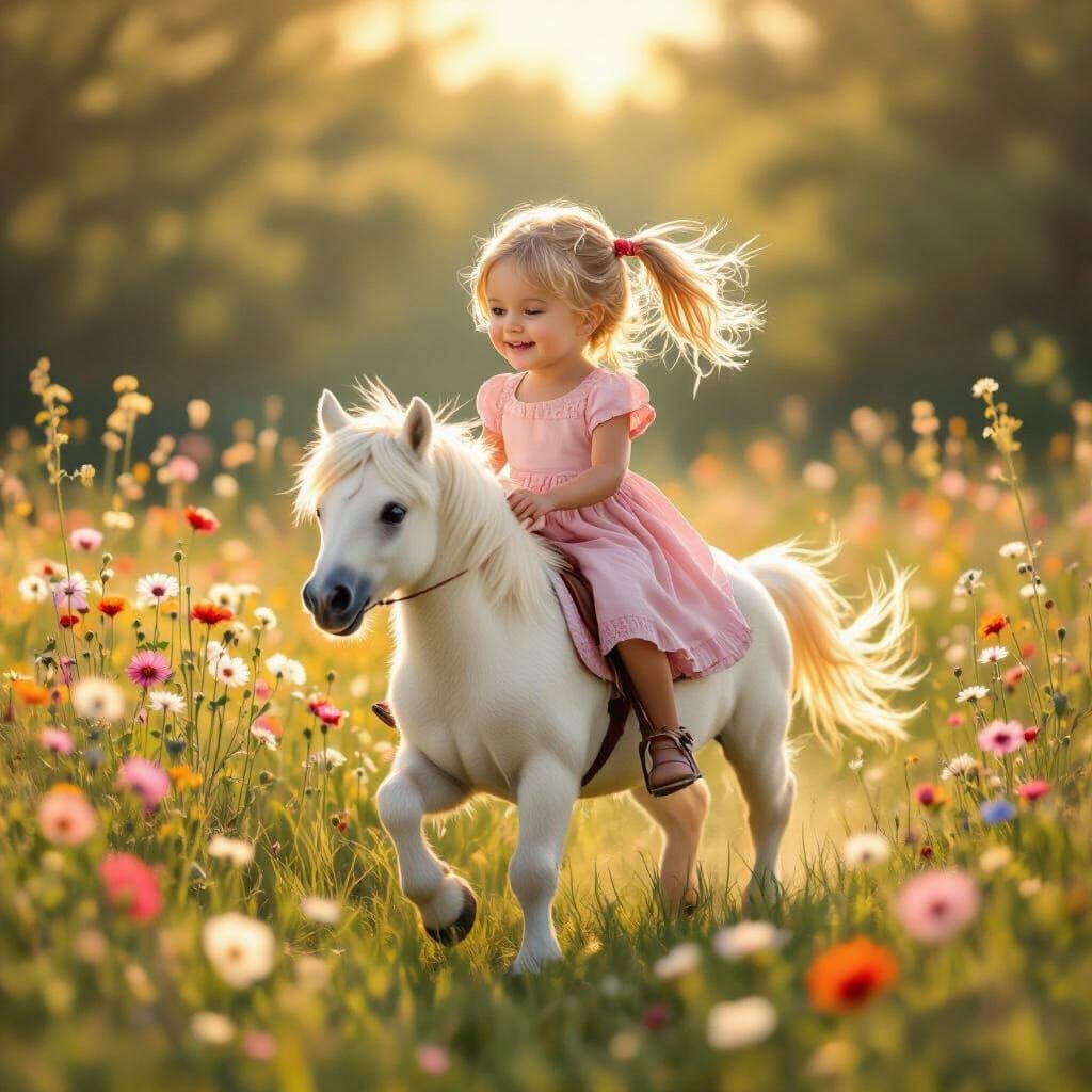Girl Rides Fluffy Pony in Sunlit Meadow Children's Illustrat...