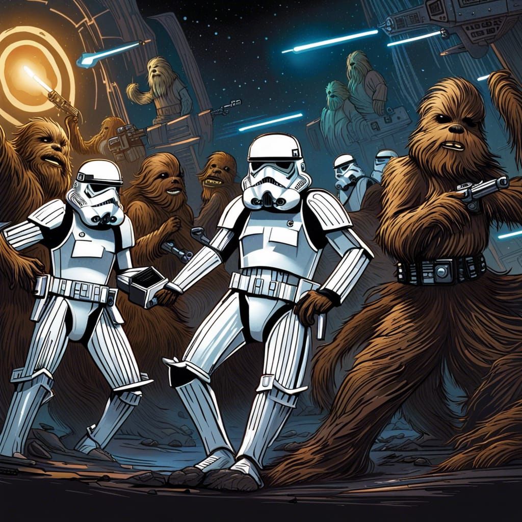 Stormtroopers and Wookies Dancing, Comic Book Art