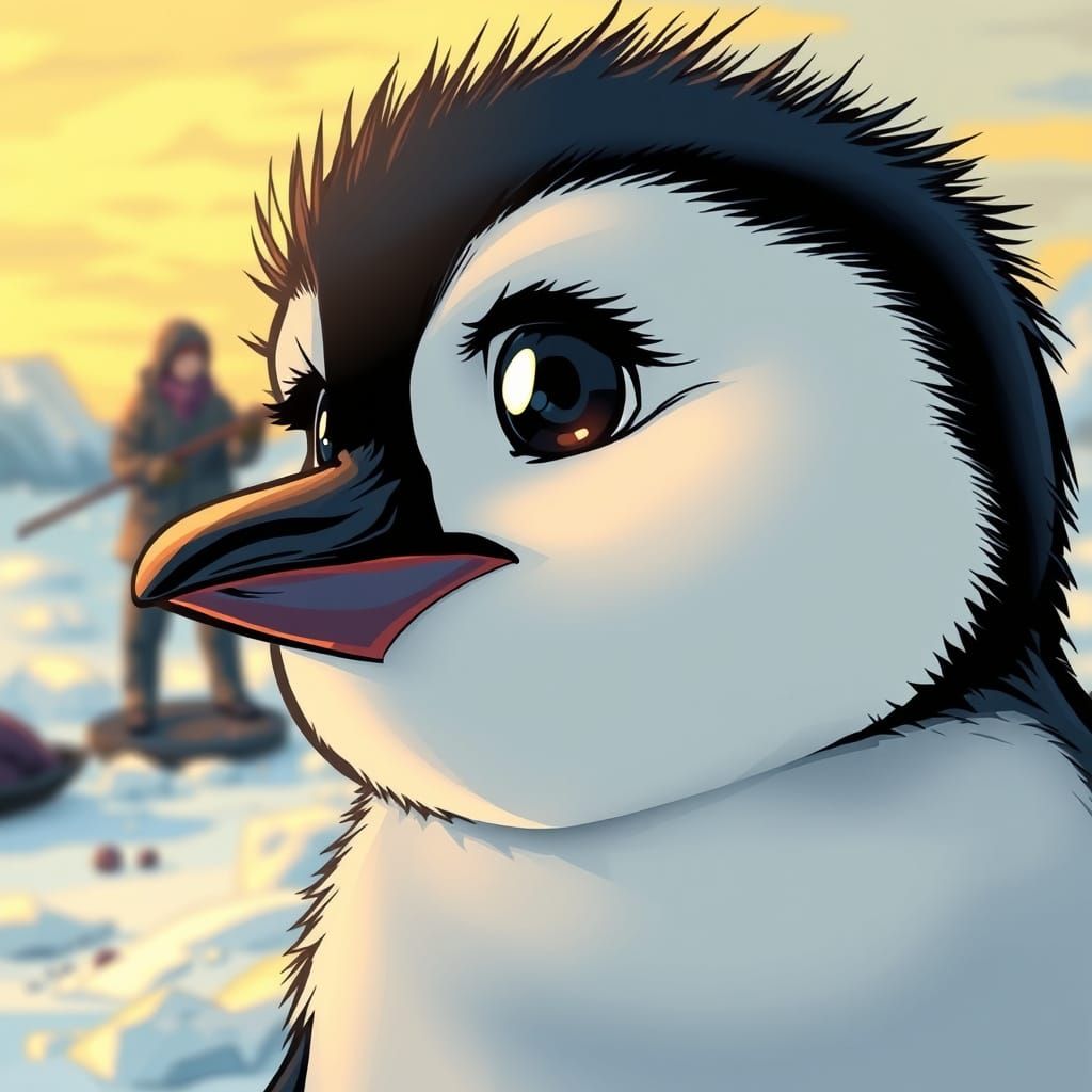 Determined Penguin Chick's Face in Comic Book Style