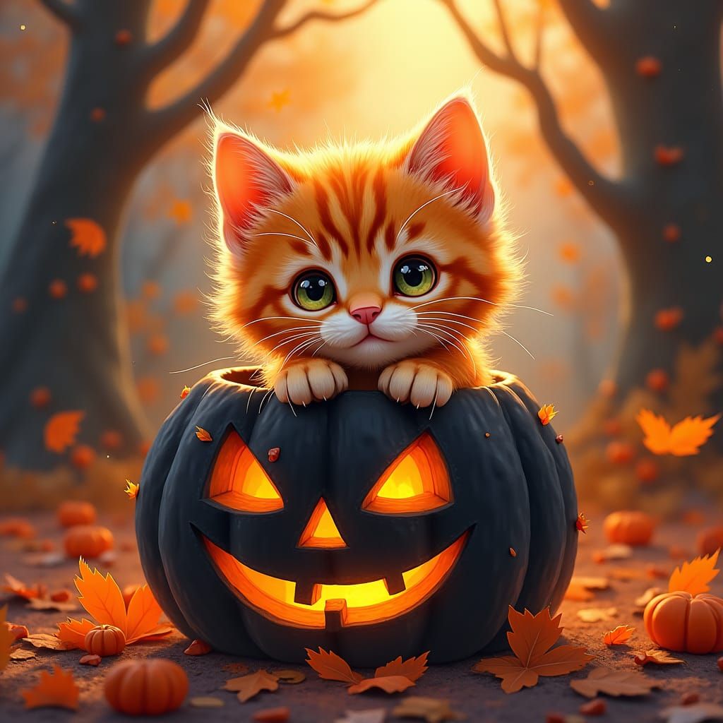 Kitten in Pumpkin: Watercolor Halloween Art