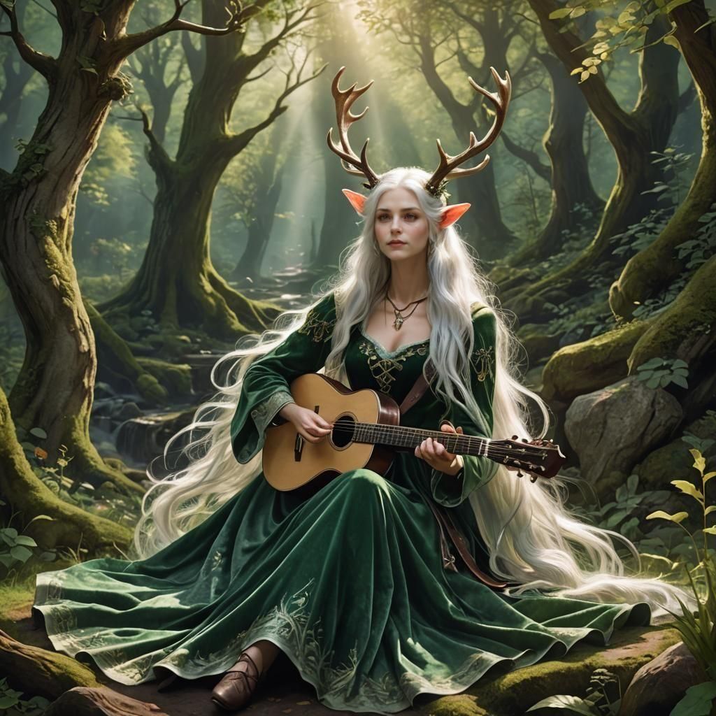 Elven Bard with Deer Antlers in Faerie Glen