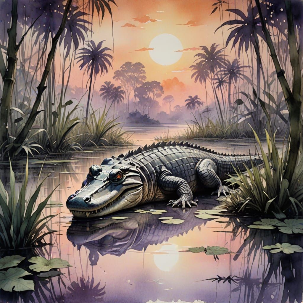 Vintage Watercolor Crocodile in Swamp at Twilight