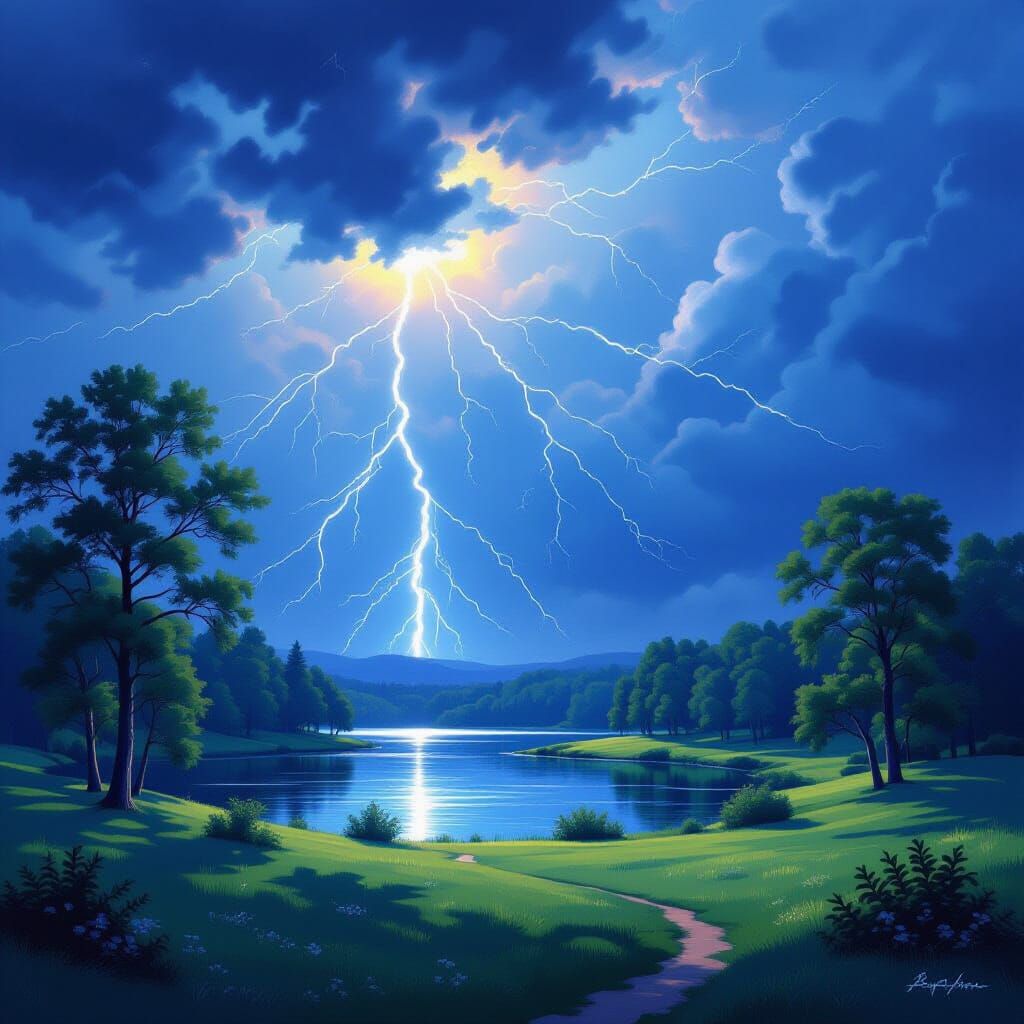 Peaceful Park Under Vivid Lightning, Digital Painting