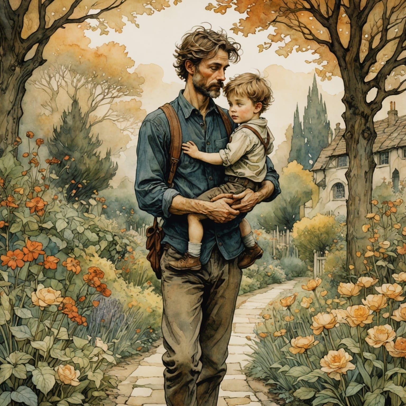 Father and Son in Garden: Watercolor Illustration
